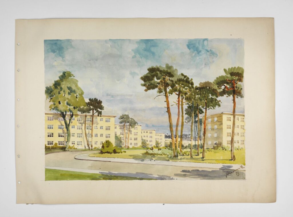 Watercolor drawing of apartment buildings, trees, lawns and a street in the Berlin Brigade Housing Area