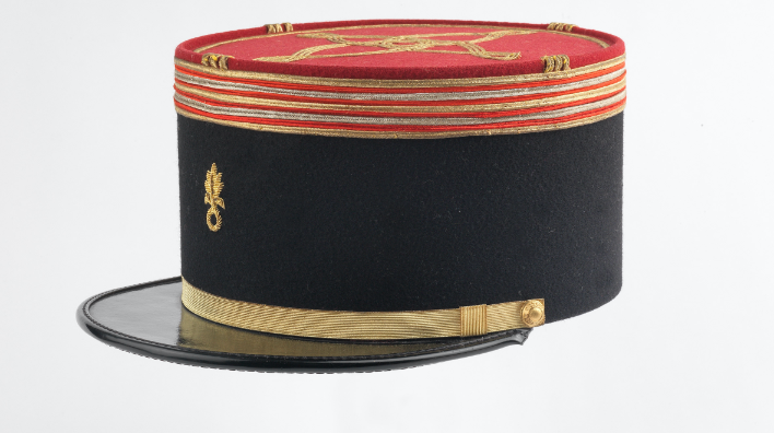 Black and red oval French officer’s cap with a visor and gold braid 